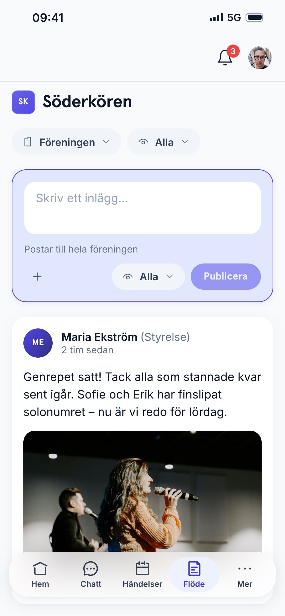Membly i mobilen: föreningens flöde med ett inlägg från styrelsen.