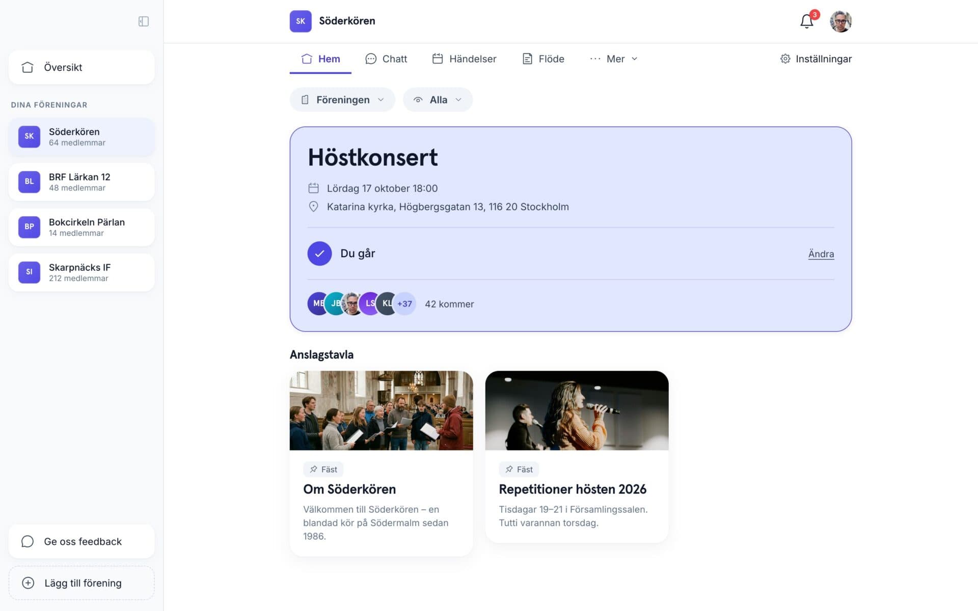 Membly på en dator: föreningens startsida med nästa händelse och anslagstavlan.