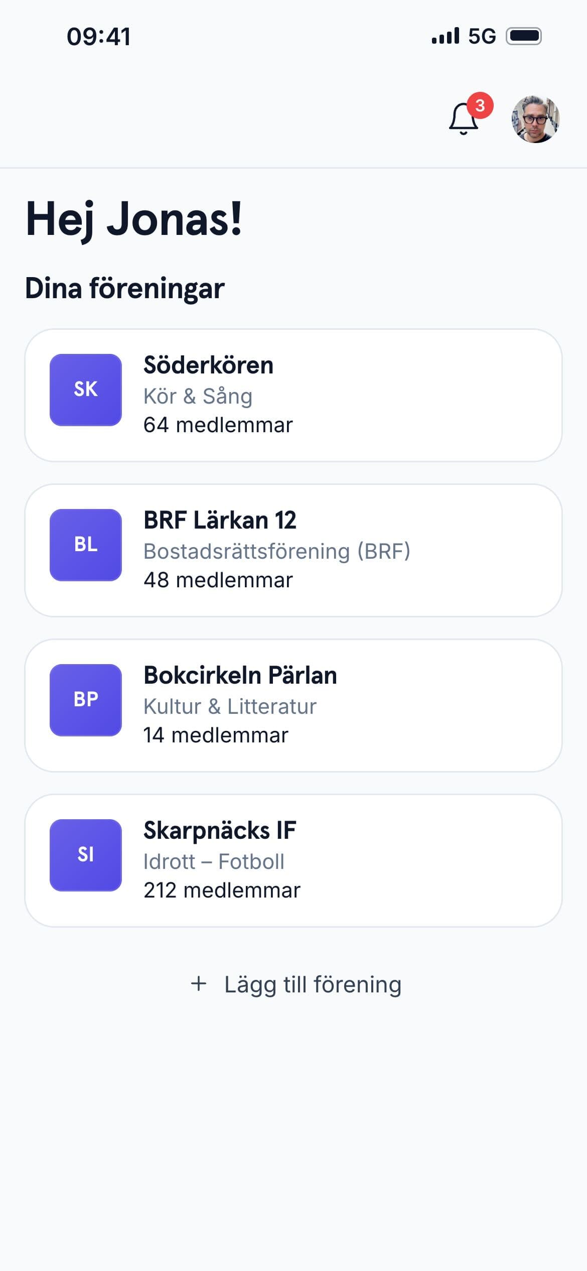 Membly i mobilen: översikten över de föreningar medlemmen tillhör.